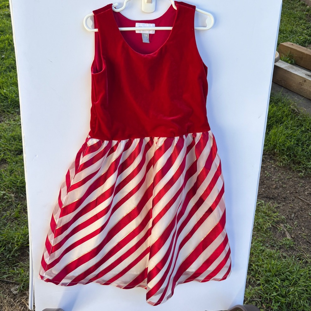 The Children's Place Girls Red Velvet Striped Holiday Dress Size M 7/8 Christmas